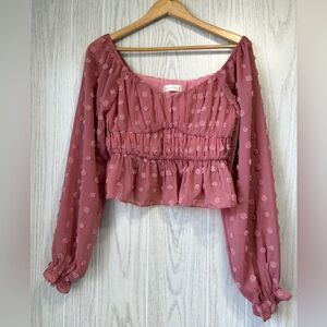 Altar’d State Pink Swiss Dot Smocked Peplum Blouse – Size M – EUC
